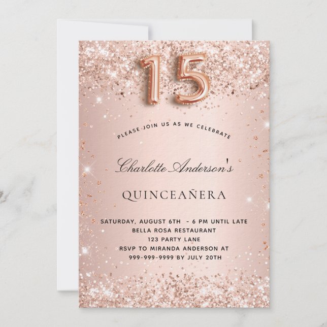 Quinceanera rose gold blush glitter dust luxury invitation (Front)