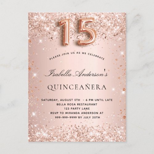 Quinceanera rose gold blush glitter elegant invitation postcard