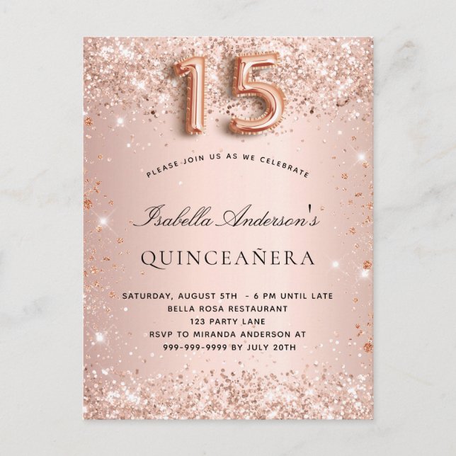 Quinceanera rose gold blush glitter elegant invitation postcard (Front)