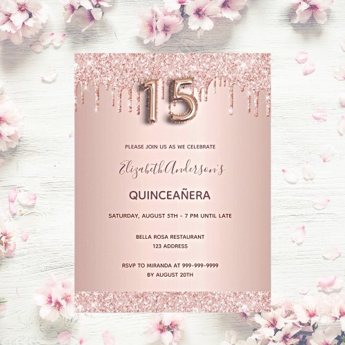 Quinceanera rose gold blush glitter invitation postcard