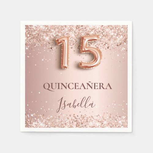 Quinceanera rose gold blush glitter name elegant napkins