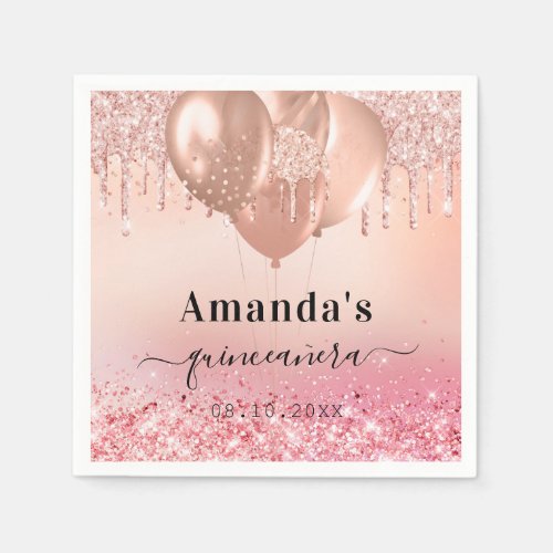 Quinceanera rose gold blush glitter name napkins