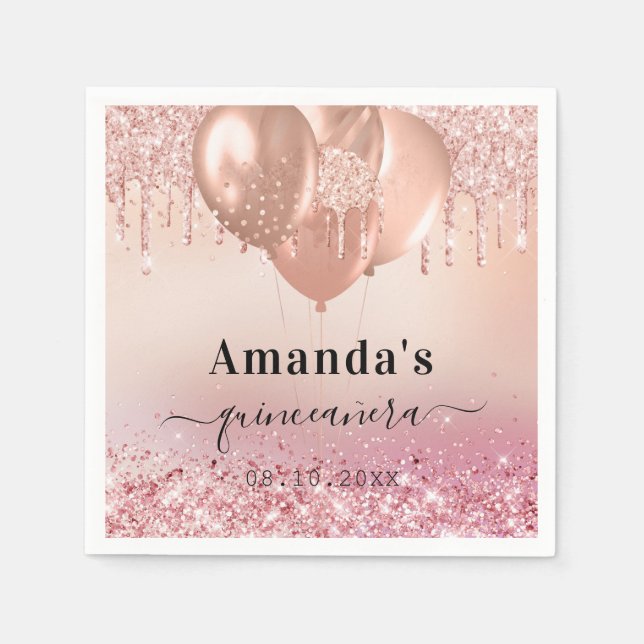 Quinceanera rose gold blush glitter name napkins (Front)