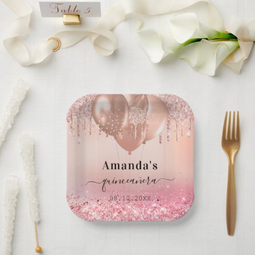 Quinceanera rose gold blush glitter name paper plates