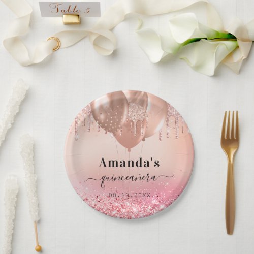 Quinceanera rose gold blush glitter name paper plates