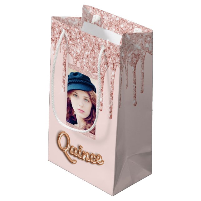 Quinceanera rose gold blush glitter photo small gift bag (Back Angled)