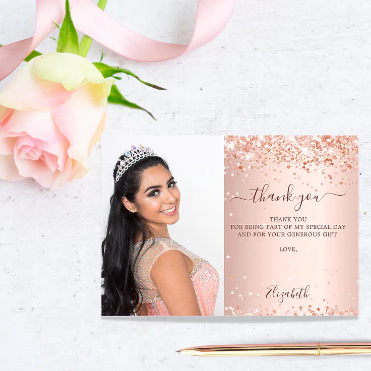 Quinceanera rose gold blush glitter photo thank you card Zazzle