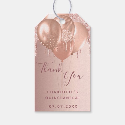 Quinceanera rose gold blush glitter thank you gift tags