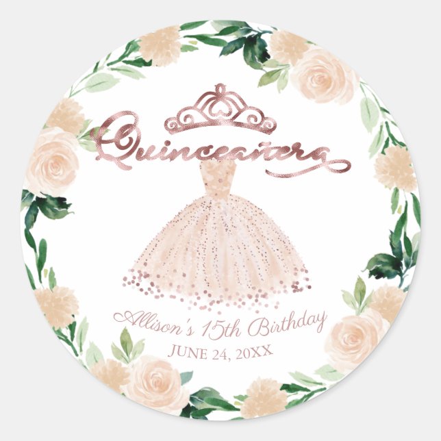 Quinceanera Rose Gold Blush Gown Pink Floral Classic Round Sticker (Front)