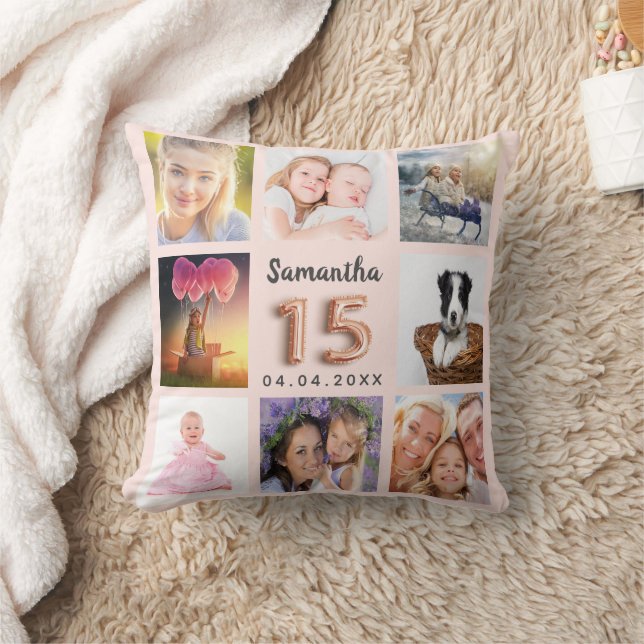 Quinceanera rose gold blush photo collage  throw pillow (Blanket)