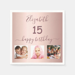 Quinceanera rose gold blush photo name napkins