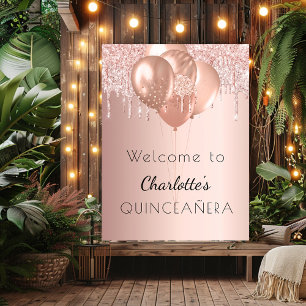 Quinceanera rose gold blush pink balloons welcome poster