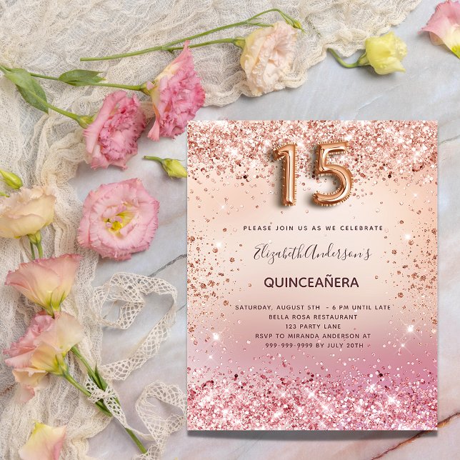 Quinceanera rose gold blush pink confetti invitation postcard (Creator Uploaded)