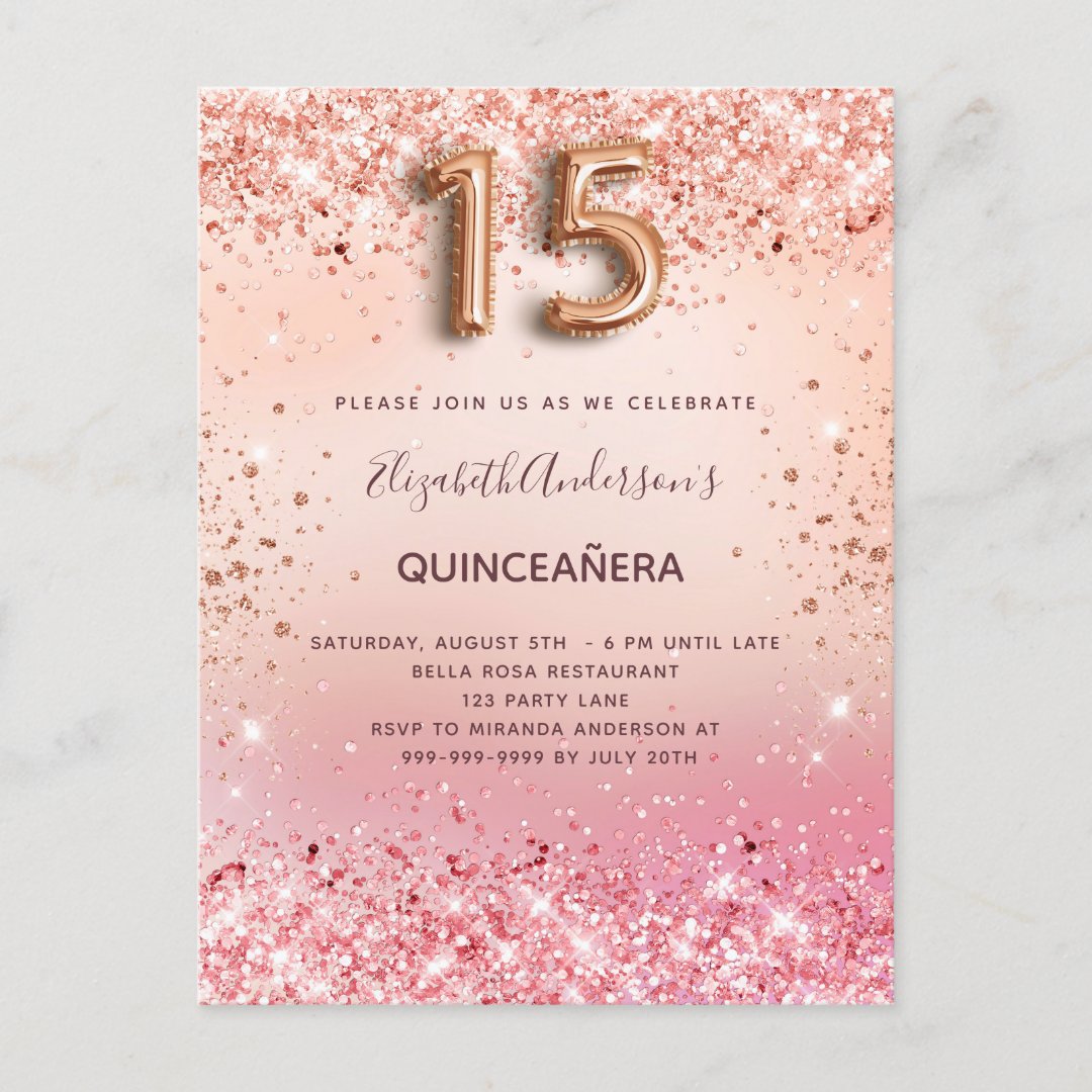 Quinceanera rose gold blush pink glitter dust invitation postcard | Zazzle