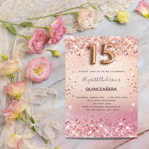 Quinceanera rose gold blush pink glitter invitation