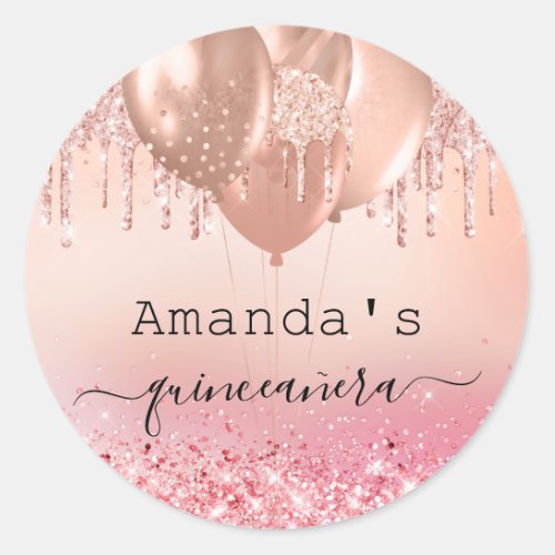 Quinceanera rose gold blush pink glitter name classic round sticker