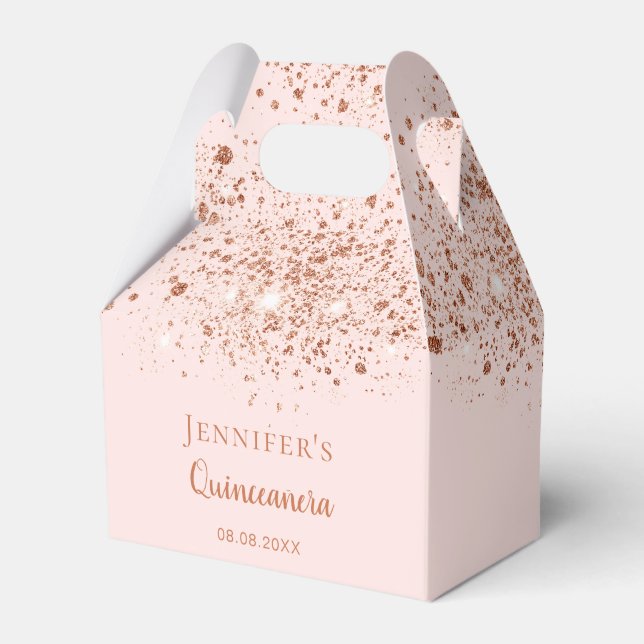 Quinceanera rose gold blush pink thank you favor boxes (Front Side)