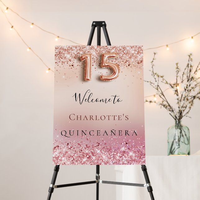 Quinceanera rose gold blush pink welcome foam board (In Situ (Stand))