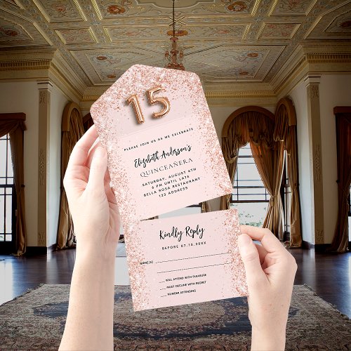 Quinceanera rose gold blush sparkle party RSVP All In One Invitation