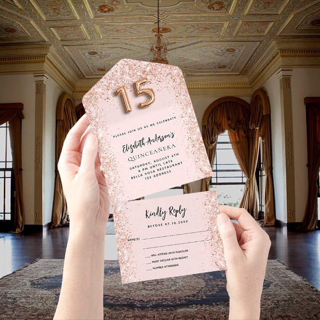 Quinceanera rose gold blush sparkle party RSVP All In One Invitation (Creator Uploaded)