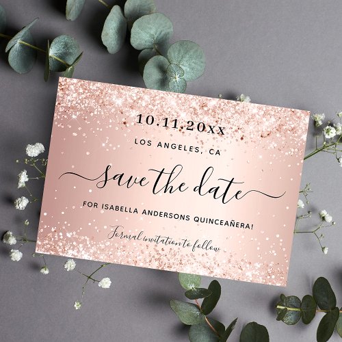 Quinceanera rose gold blush sparkles save the date