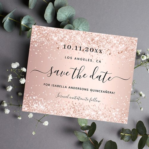 Quinceanera rose gold budget save the date flyer