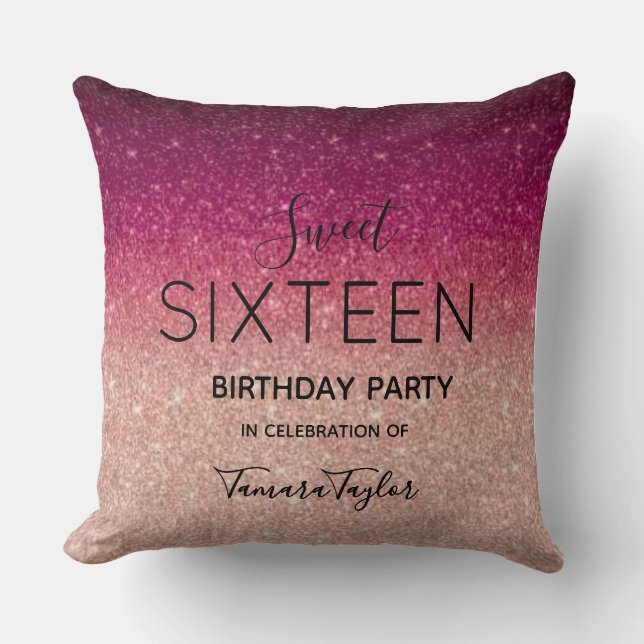 Quinceañera Rose Gold & Burgundy Glitter Luxury Throw Pillow (Front)