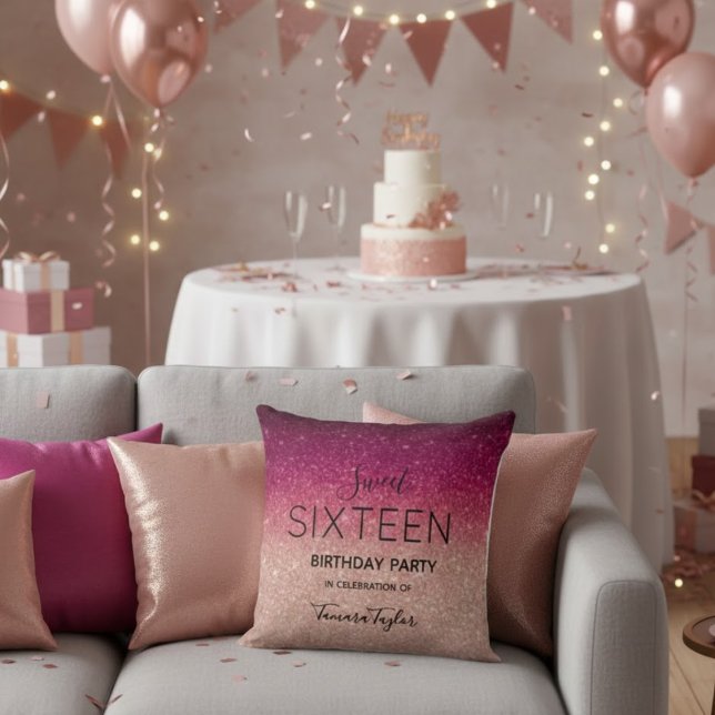 Quinceañera Rose Gold & Burgundy Glitter Luxury Throw Pillow (Creator Uploaded)