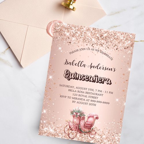 Quinceanera rose gold carriage elegant invitation postcard