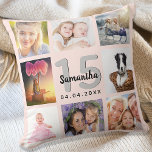 Quinceanera rose gold custom photo collage throw pillow<br><div class="desc">A unique gift for a girl's Quinceañera,  15th birthday,  celebrating her life with a collage of 8 of your own photos,  pictures.  Personalize and add her name,  age 15 and a date. A girly rose gold background.  The name is written with a modern hand lettered style script.</div>