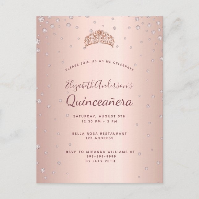 Quinceanera rose gold diamonds invitation postcard (Front)