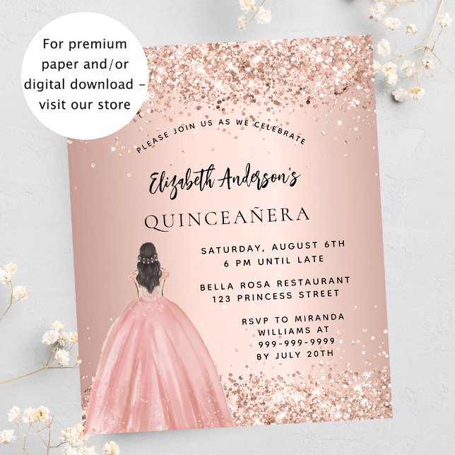 Quinceanera rose gold dress budget invitation (Creator Uploaded)