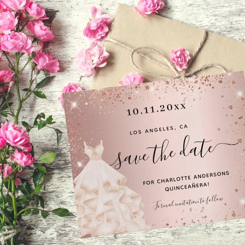 Quinceanera rose gold dress budget save the date flyer