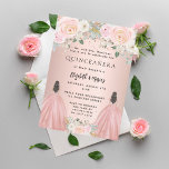 Quinceanera rose gold dress floral 2 girls twins invitation<br><div class="desc">Celebrate a double Quinceañera in style with this modern and glamorous invitation designed for two sisters! Featuring a chic rose gold background adorned with blush pink flowers, this invitation showcases two girls in elegant ball gowns. The names are beautifully written in a modern hand-lettered script, adding a personalized and sophisticated...</div>