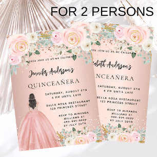 Quinceanera rose gold dress floral 2 persons twins invitation