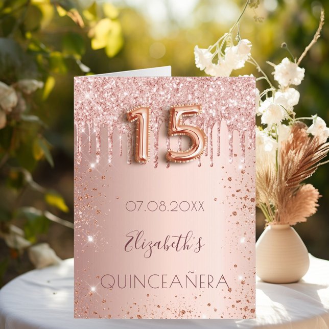 Quinceanera rose gold drips photo card (Creator Uploaded)