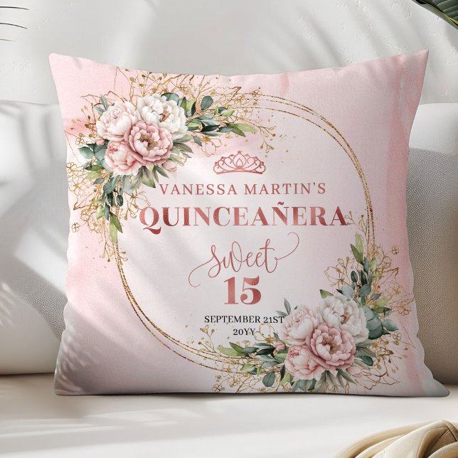 Quinceañera Rose Gold Floral Eucalyptus Accent  Throw Pillow (Quinceañera Rose Gold Floral Eucalyptus Accent Pillow)