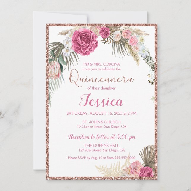 Quinceanera Rose Gold Floral Glitter Invitation (Front)