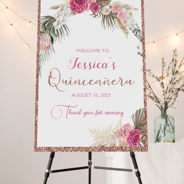 Quinceanera Rose Gold Floral Glitter Welcome Sign (In Situ (Stand))