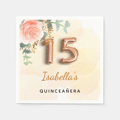 Quinceanera rose gold floral greenery name napkins