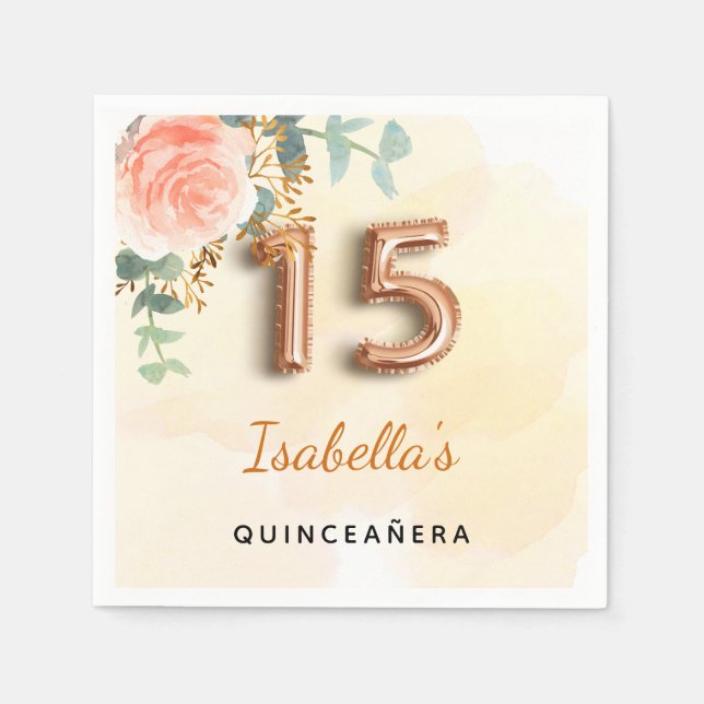Quinceanera rose gold floral greenery name napkins (Front)
