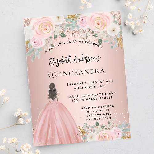 Quinceanera rose gold flowers dress invitation postcard