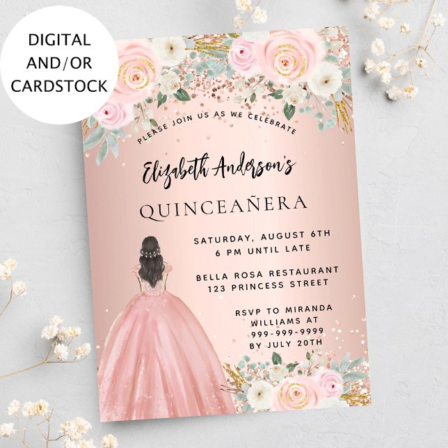 Quinceanera rose gold flowers dress luxury invitation (Creator Uploaded)