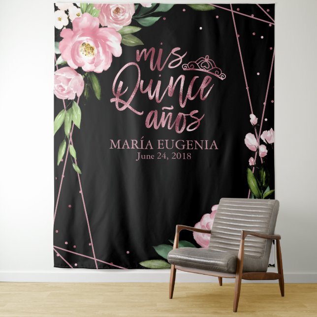 Quinceanera Rose Gold Foil Pink Floral Backdrop (In Situ)