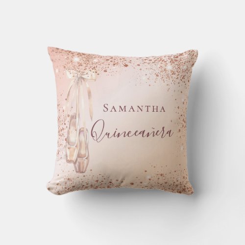 Quinceanera rose gold glitter ballerina throw pillow