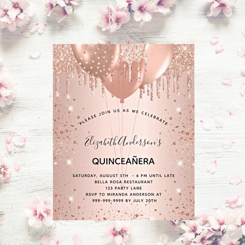 Quinceanera rose gold glitter balloons invitation