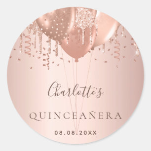 Quinceanera rose gold glitter balloons monogram classic round sticker