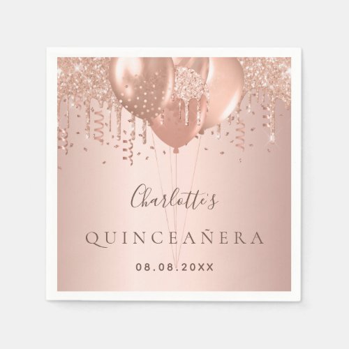 Quinceanera rose gold glitter balloons monogram napkins