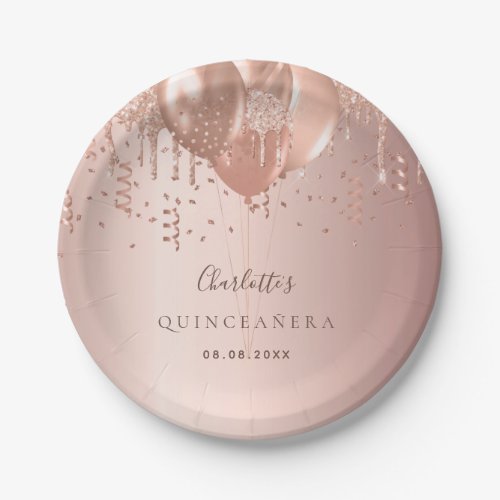 Quinceanera rose gold glitter balloons monogram paper plates