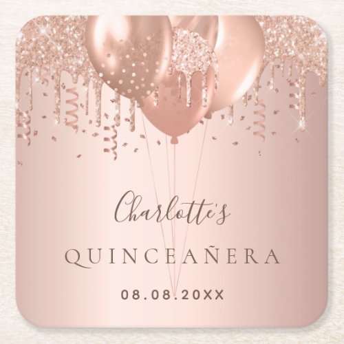 Quinceanera rose gold glitter balloons monogram square paper coaster